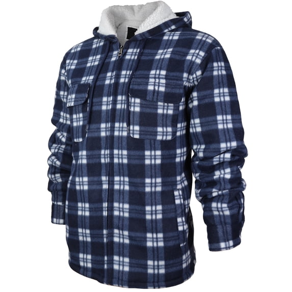 Men's Heavyweight Flannel Fleece Lined Plaid Sherpa Hoodie Jacket (MFJ130 - Navy, L)