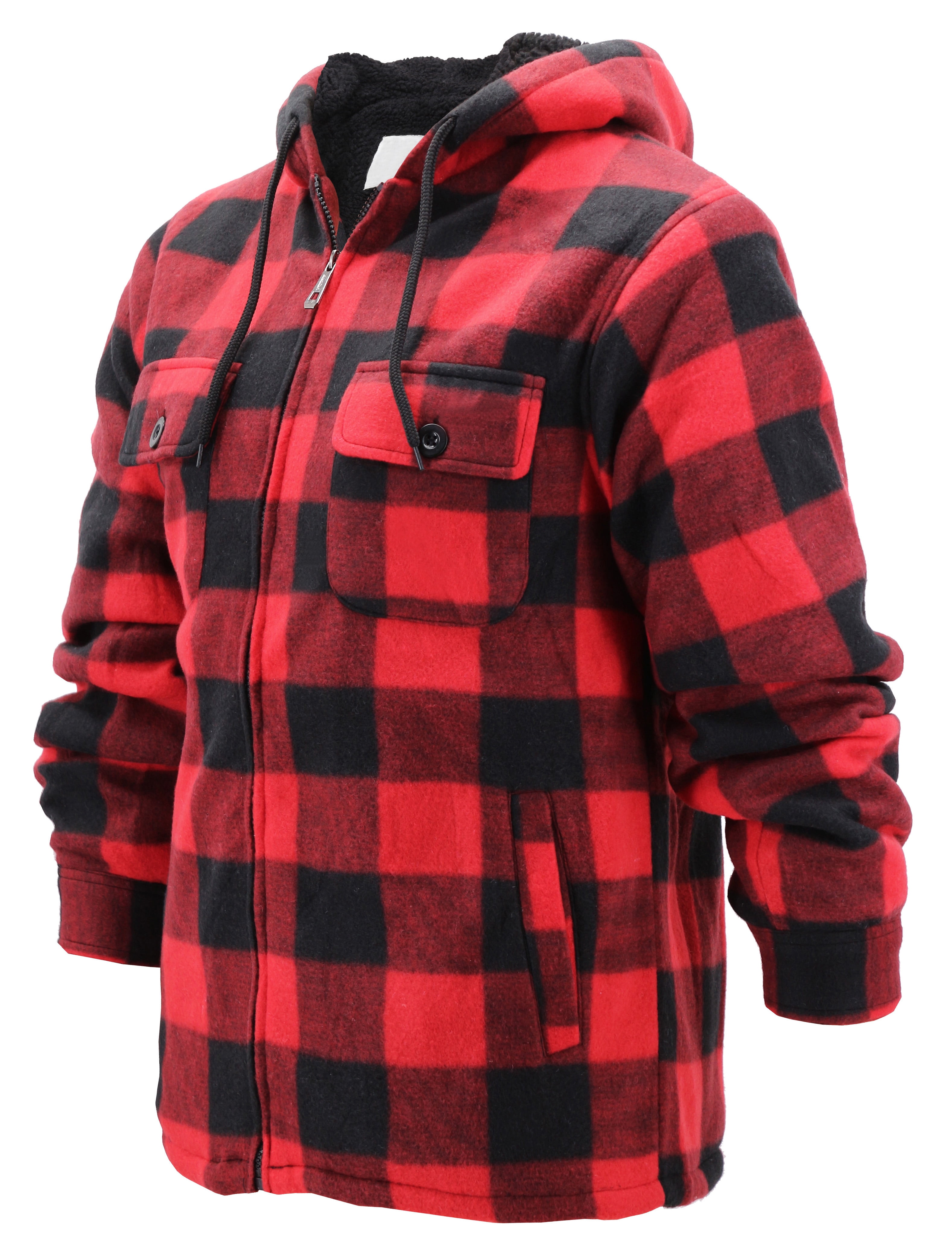 Men's Heavyweight Flannel Zip Up Fleece Lined Plaid Sherpa Hoodie Jacket  (MFJ130 Red, 4XL)