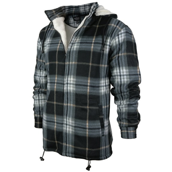 Men's Heavyweight Flannel Zip Up Fleece Lined Plaid Sherpa Hoodie Jacket (P1 - Black Grey Brown, S)