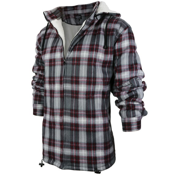 Men's Heavyweight Flannel Zip Up Fleece Lined Plaid Sherpa Hoodie Jacket (P22 - Grey Red, L)