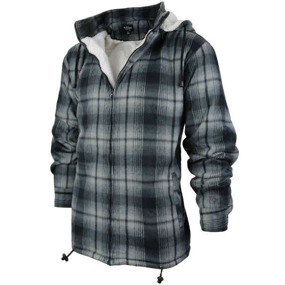 Men's Heavyweight Flannel Zip Up Fleece Lined Plaid Sherpa Hoodie Jacket (P4 - Grey Black, XL)