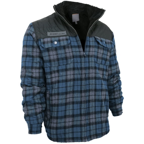 Men's Heavyweight Flannel Zip Up Fleece Lined Plaid Sherpa Jacket (KDC Blue (No Hood), 3XL)