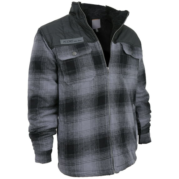 Men's Heavyweight Flannel Zip Up Fleece Lined Plaid Sherpa Jacket (KDC Gray (No Hood), 4XL)