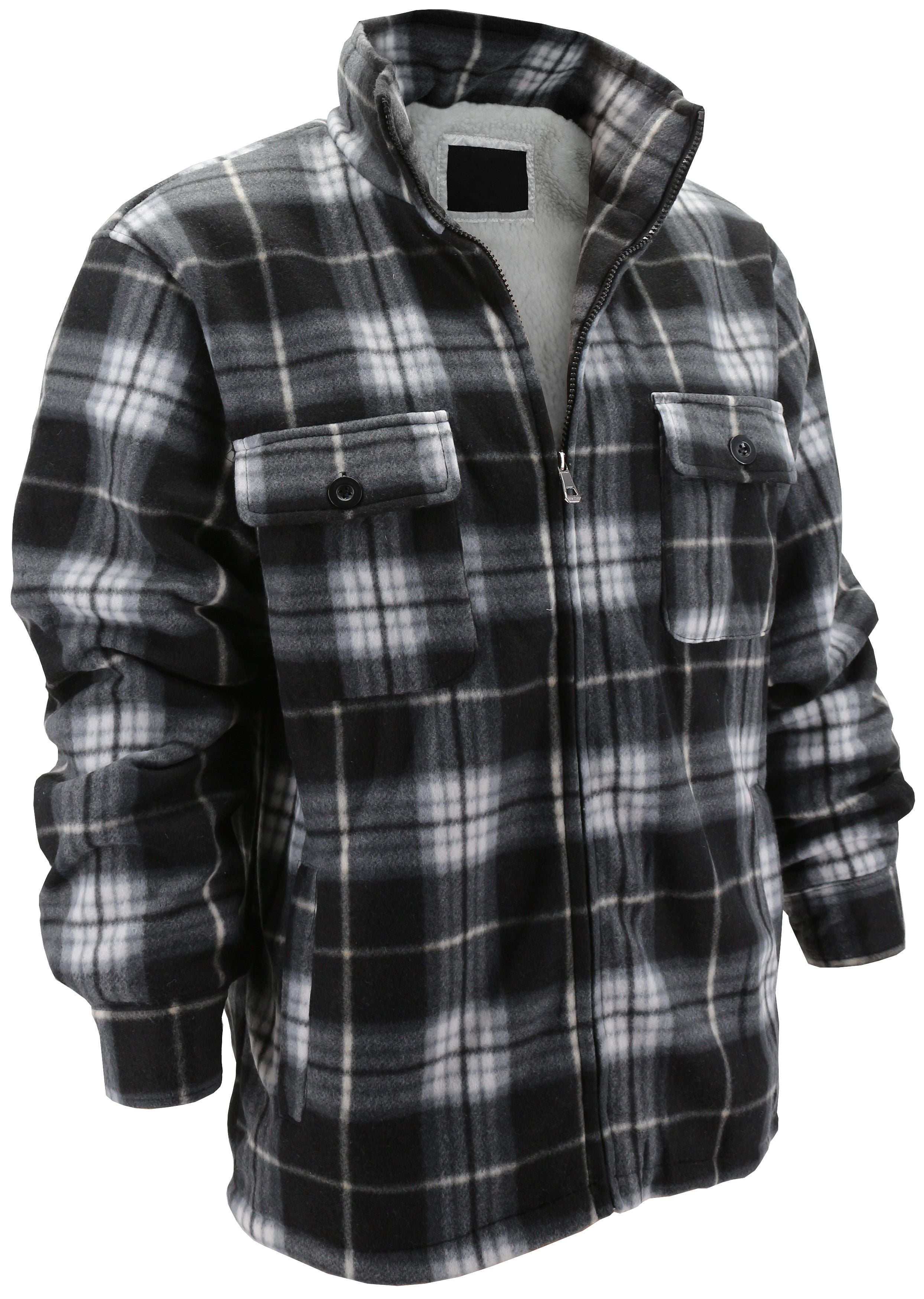 Men s Heavyweight Flannel Zip Up Fleece Lined Plaid Sherpa Jacket MFJ Black No Hood 2XL Walmart
