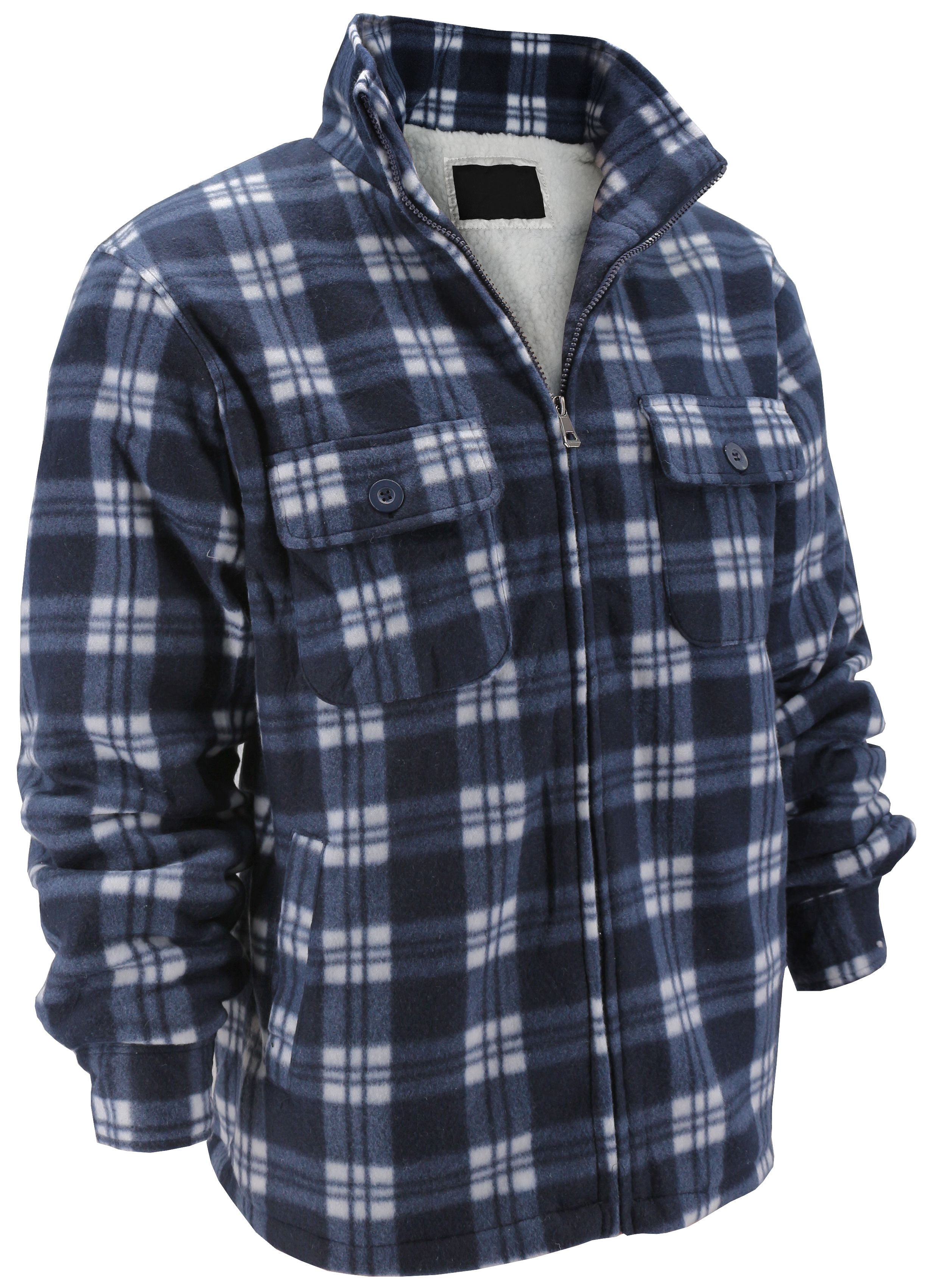 Men's Heavyweight Flannel Zip Up Fleece Lined Plaid Sherpa Jacket (MFJ Navy  (No Hood), 4XL)