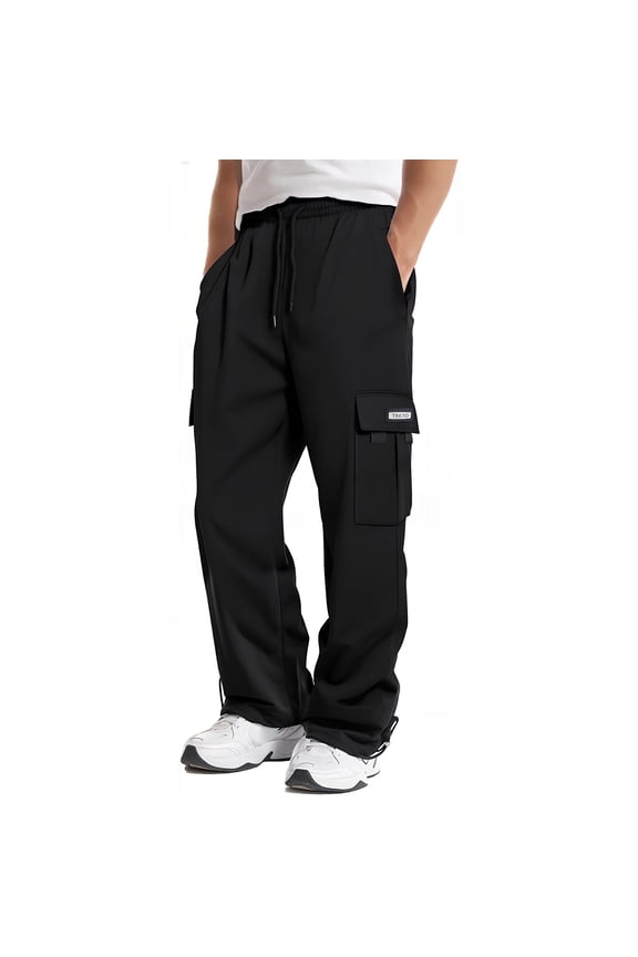 Men's Heavyweight Fleece Cargo Pants Baggy Sweatpants Wide Leg Sweats with Pockets Black L