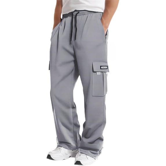 Men's Heavyweight Fleece Cargo Pants Baggy Sweatpants Wide Leg Sweats with Pockets Light Gray S