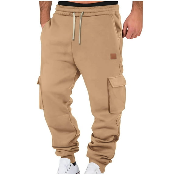 Men's Heavyweight Fleece Cargo Sweatpants Baggy Elastic Waist Drawstring Sweatpants with Pockets Joggers Trousers