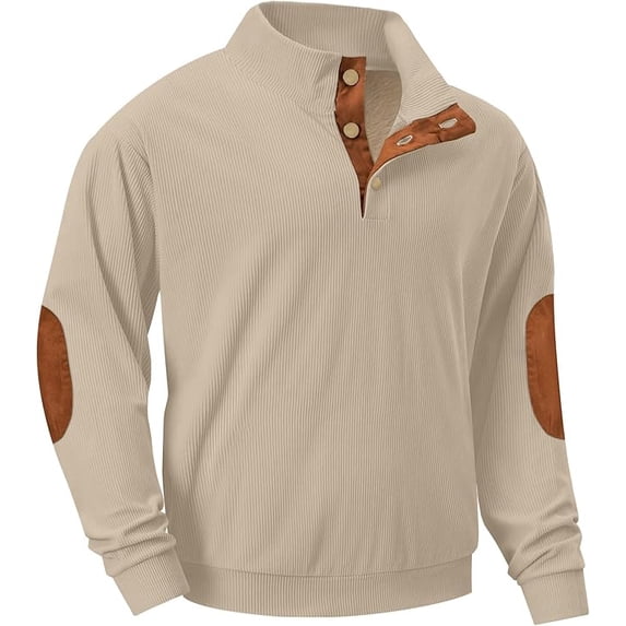 Men's Heavyweight Fleece Corduroy Sweatshirt - Mock Neck Pullover Buttoned Collar with a Partial Opening