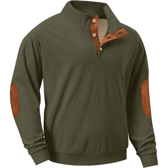Men's Heavyweight Fleece Corduroy Sweatshirt - Mock Neck Pullover Buttoned Collar with a Partial Opening