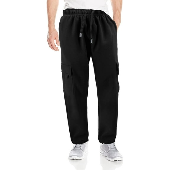 Men's Heavyweight Fleece Drawstring Elastic Waist Casual Cargo Sweat Pants (Black, XL)