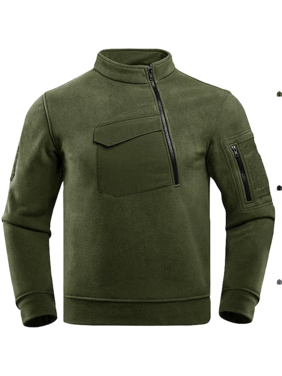 Men's Heavyweight Fleece Tactical Sweatshirt Asymmetric Quarter Zip Warm Mock Neck Pullover Anorak Jacket with Pockets for Hiking, Army Green, S