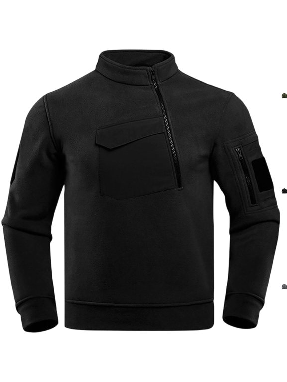 Men's Heavyweight Fleece Tactical Sweatshirt Asymmetric Quarter Zip Warm Mock Neck Pullover Anorak Jacket with Pockets for Hiking, Black, S