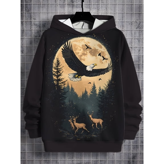 Men's Heavyweight Hoodie - Dark Background with Eagle, Deer, and Full Moon Pattern - Outdoor Home Casual Sweatshirt - Wildlife Print Clothing, Long Sleeve Sweatshirt, Men's Sports Shirt