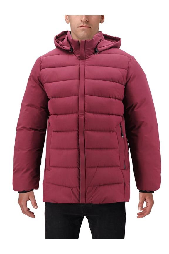 Men’s Heavyweight Insulated Microfiber Removable Hood Quilted Zip Puffer Jacket (Burgundy, 3XL)