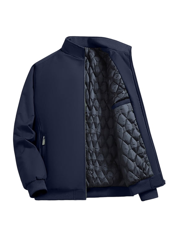 Men's Heavyweight Jackets Stand Collar Quilted Lined Full Zip Stylish Windbreaker Sport Coat with Zipper Pocket (L, Blue)