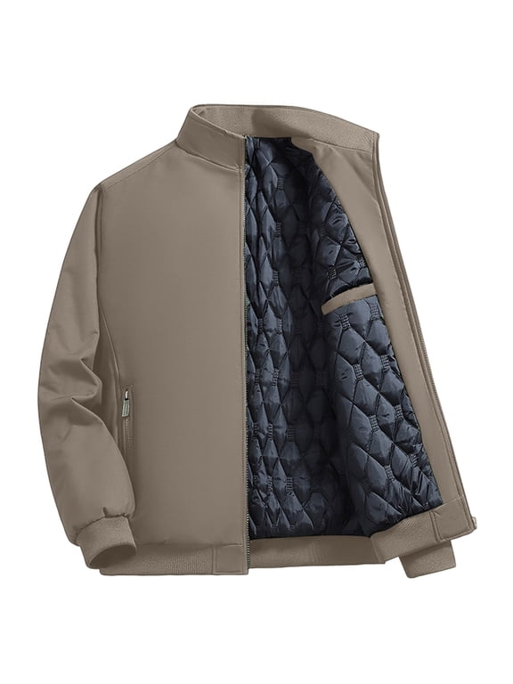 Men's Heavyweight Jackets Stand Collar Quilted Lined Full Zip Stylish Windbreaker Sport Coat with Zipper Pocket (M, Khaki)
