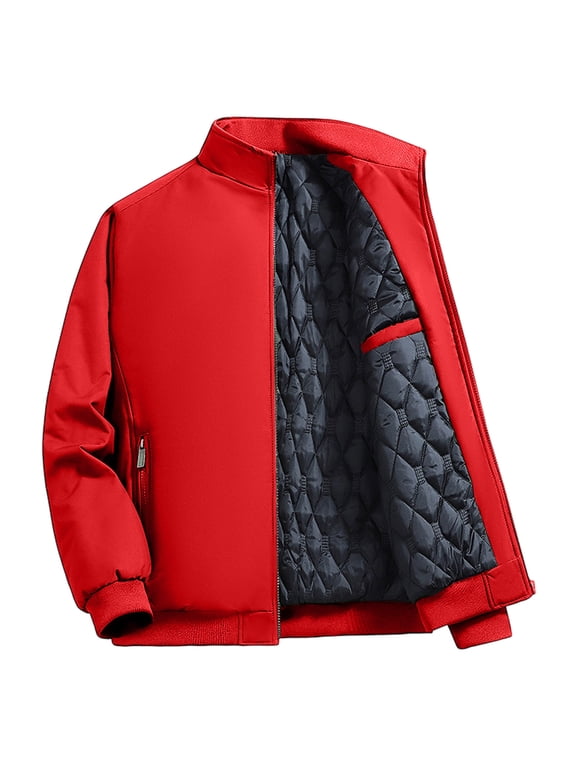 Men's Heavyweight Jackets Stand Collar Quilted Lined Full Zip Stylish Windbreaker Sport Coat with Zipper Pocket (XL, Red)