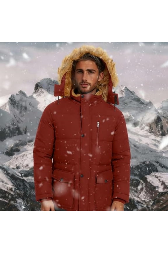 Men's Heavyweight Lambswool Lined Jacket, Zippered Pocket Hooded Thick Windproof Winter Coat Red L