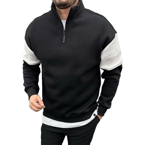 Men's Heavyweight Mock Neck Color Block Hoodie - Fashion Long Sleeve Zip Pullover - Black - Size S