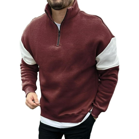 Men's Heavyweight Mock Neck Color Block Hoodie - Fashion Long Sleeve Zip Pullover - Burgundy - Size M