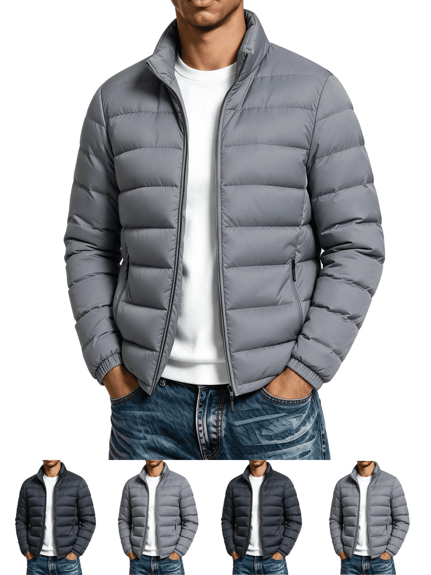 Popup Jacket Men's Heavyweight Puffer Jacket Stand Collar Zip Up Warm Coat Packable ...