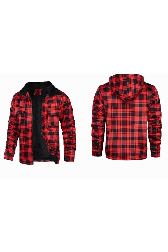 Men's Heavyweight Red & Black Plaid Jacket with Fleece Lining - Men's Small