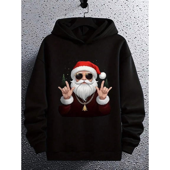 Men's Heavyweight Santa Claus Hoodie - Fit Christmas Pullover Sweatshirt With Golden Chains & Fashion Glasses Santa Print, Machine Washable Black Hooded Sweater For Holiday Parties, Gifts, Year-Round
