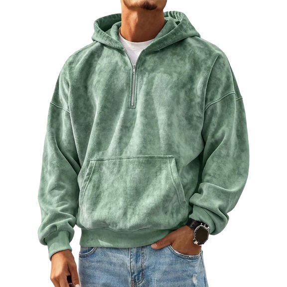 Men's Heavyweight Solid Color Top - Casual Long Sleeve Drawstring Zip Winter Hooded Sweatshirt With Pockets - Light Green - Size XXL