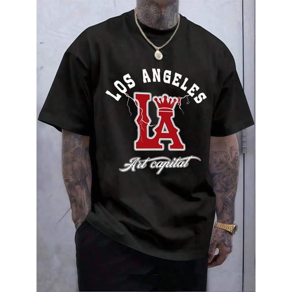 Men's Heavyweight Vintage LA Graphic T-Shirt | 220g Pure Cotton Crewneck Tee | Retro Streetwear for Gym & Casual Wear