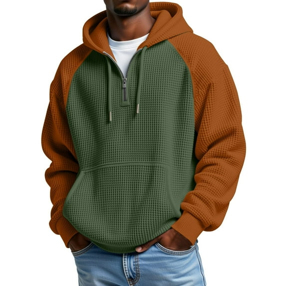 Men's Heavyweight Waffle Hoodie - Two-tone Trendy Long Sleeve Drawstring Hooded Sweatshirt With Pocket, Army Green, L