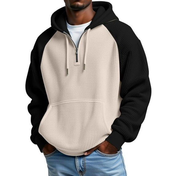 Men's Heavyweight Waffle Hoodie - Two-tone Trendy Long Sleeve Drawstring Hooded Sweatshirt With Pocket, Beige, XXL