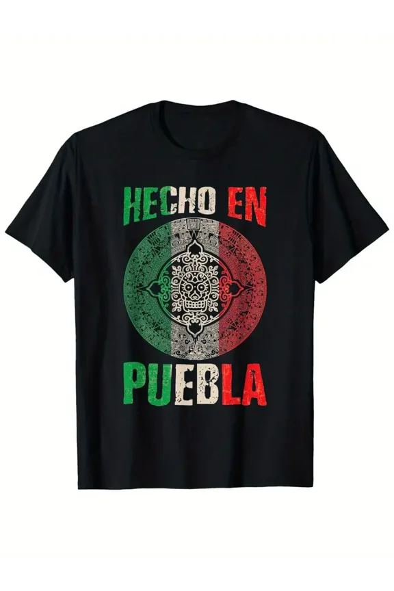 Men's Hecho en Puebla Mexico T-Shirt - Authentic Mexican Heritage Tee, Black with Red & Green Graphic, All-Season Casual & Sports Shirt for Everyday & Volleyball Wear - Made in