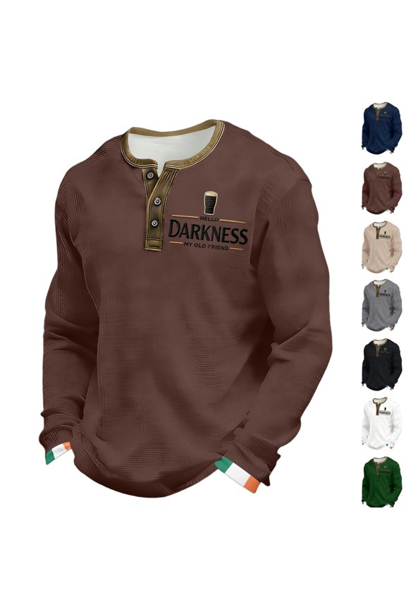 Men's Hello Darkness My Old Friend Shirts Henley St. Patrick's Day Polo Shirt for Men (Brown,L)