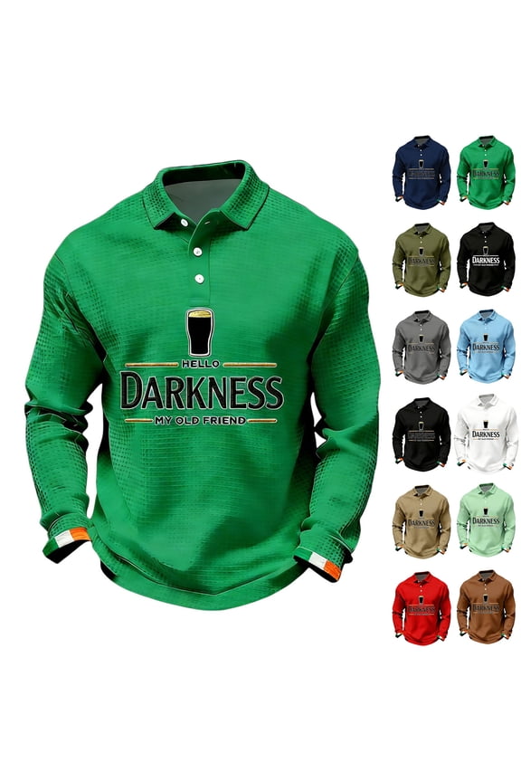 Men's Hello Darkness My Old Friend T-Shirt Waffle Long Sleeve Polo Shirt St Patricks Day Irish Beer Shirts Ireland Button Down Tee,Light Blue XL