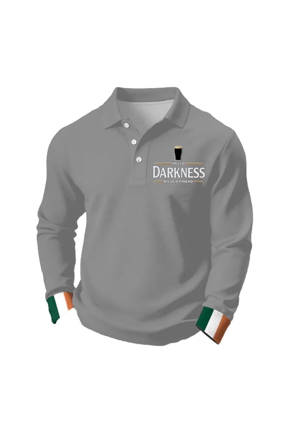 Men's Hello Darkness My Old Friend Shirt Lucky St. Patrick's Day Waffle Polo Shirt Long Sleeve Irish Drinking Shirts Graphic Ireland Button Down Tee,Light Gray M