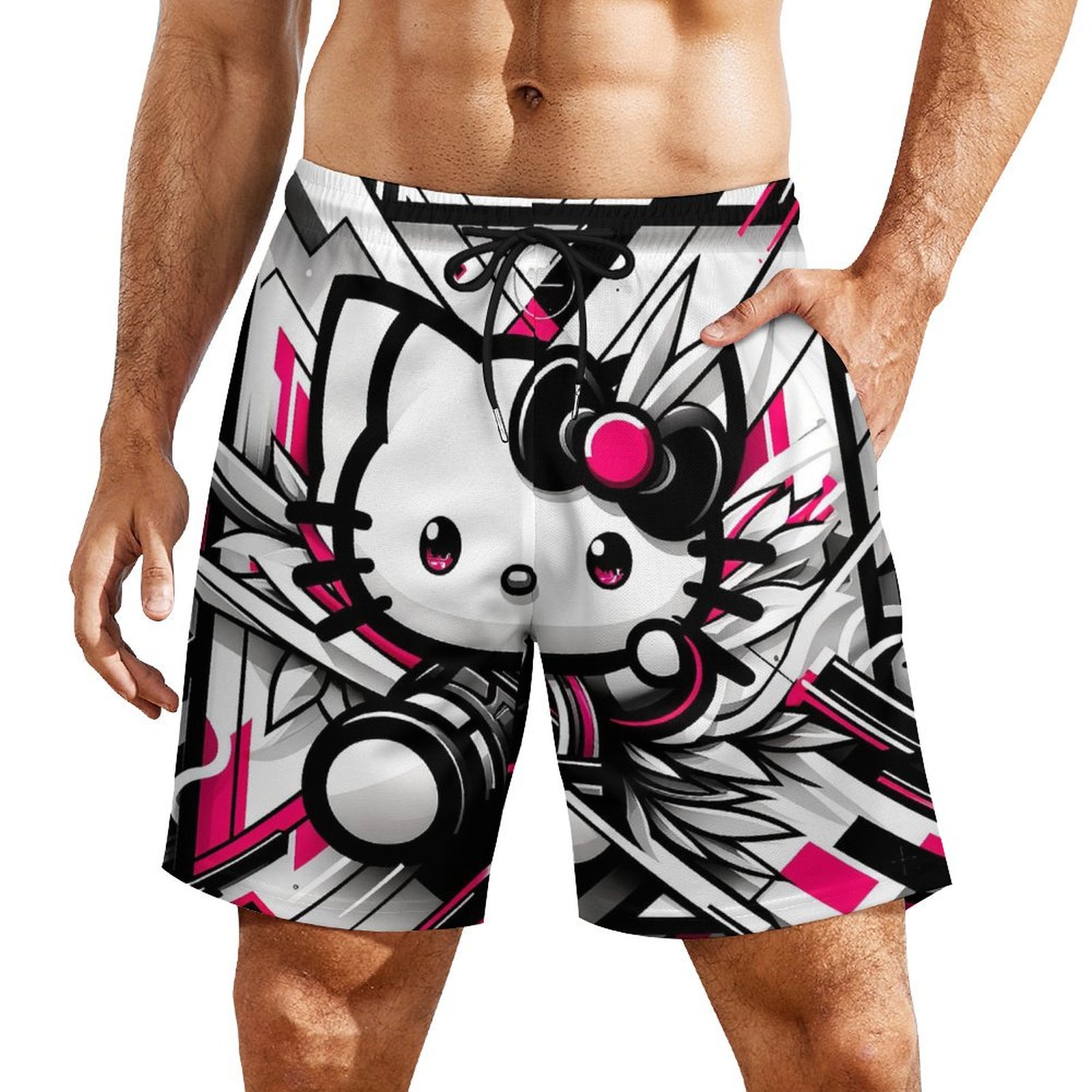 Men's Hello Kitty Beach Shorts With Compression Liner Swim Trunks Quick
