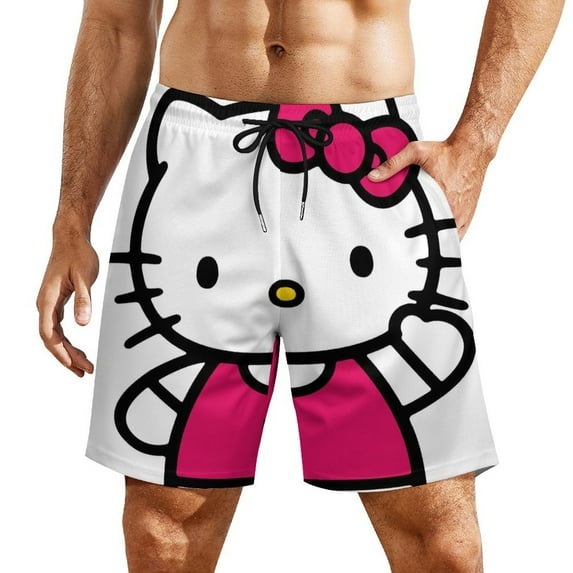 Men's Hello Kitty Beach Shorts With Compression Liner Swim Trunks Quick Dry Board Shorts Bathing Suit with Pockets