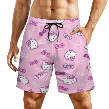 Men's Hello Kitty Beach Shorts With Compression Liner Swim Trunks Quick Dry Board Shorts Bathing Suit with Pockets