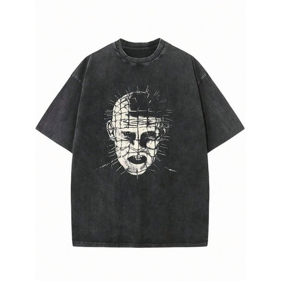 Men's Hellraiser-Inspired Black Cotton T-Shirt - Casual Street Style, Vintage Washed Denim Look With White Graphic Print, Crew Neck, Short Sleeves, Machine Washable
