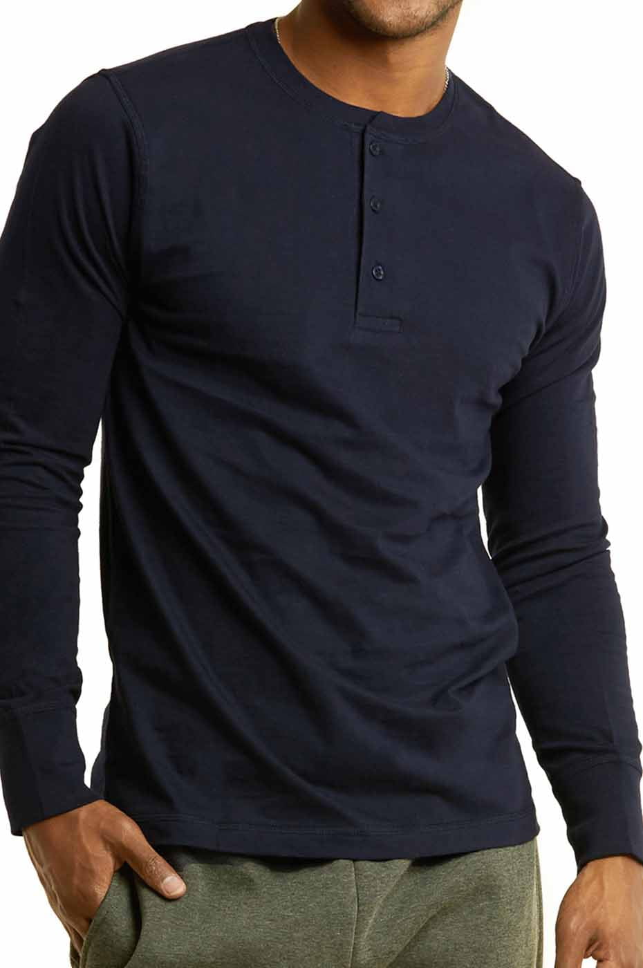 Men's Long Sleeve Henley 3 Button Pullover Cotton T-Shirt Crew Neck