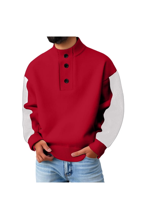 Men's Henley Knit Pullover Sweater Long Sleeve Casual Color Block Polyester Top