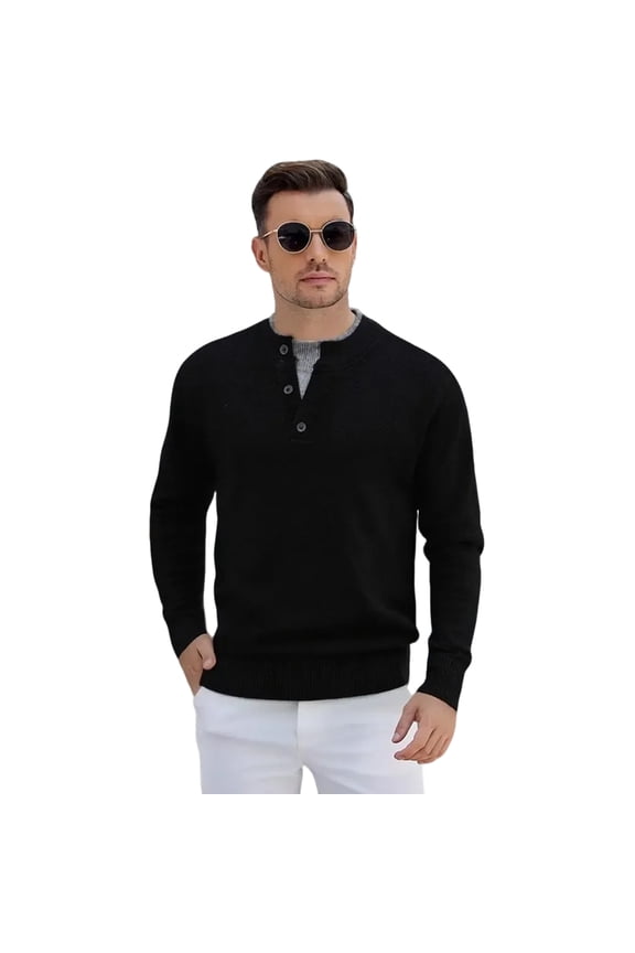 Men's Henley Knit Sweater Long Sleeve Button Neck Pullover Casual Top