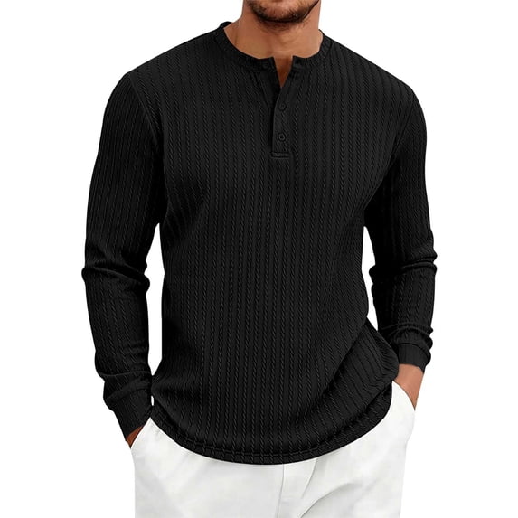 Men's Henley Long Sleeve Shirt Textured Jacquard Knit Button Down Casual Top for Fall Everyday Wear