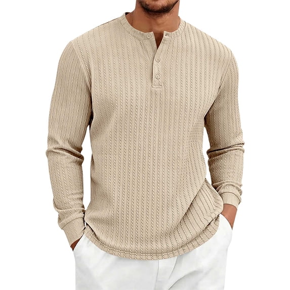Men's Henley Long Sleeve Shirt Textured Jacquard Knit Button Down Casual Top for Fall Everyday Wear