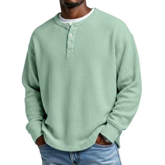 Men's Henley Long Sleeve T-Shirts Waffle Knit Comfort Lightweight Pullover Tees