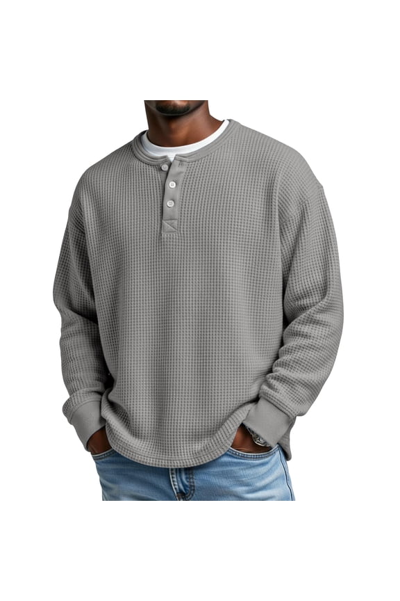 Men's Henley Long Sleeve T-Shirts Waffle Knit Comfort Lightweight Pullover Tees