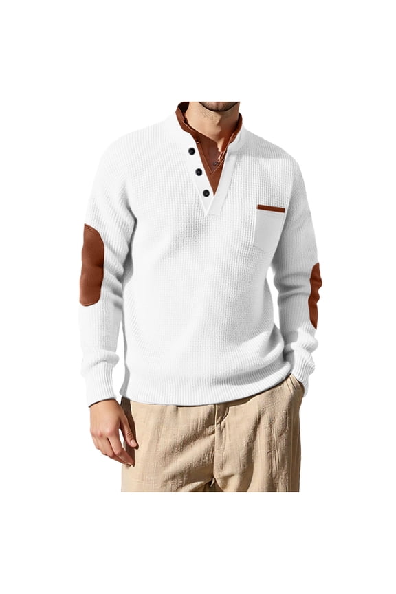 Men's Henley Pullover Sweatshirt Casual Outdoor V Neck Long Sleeve Fall Corduroy Sweatshirt with Elbow Patches