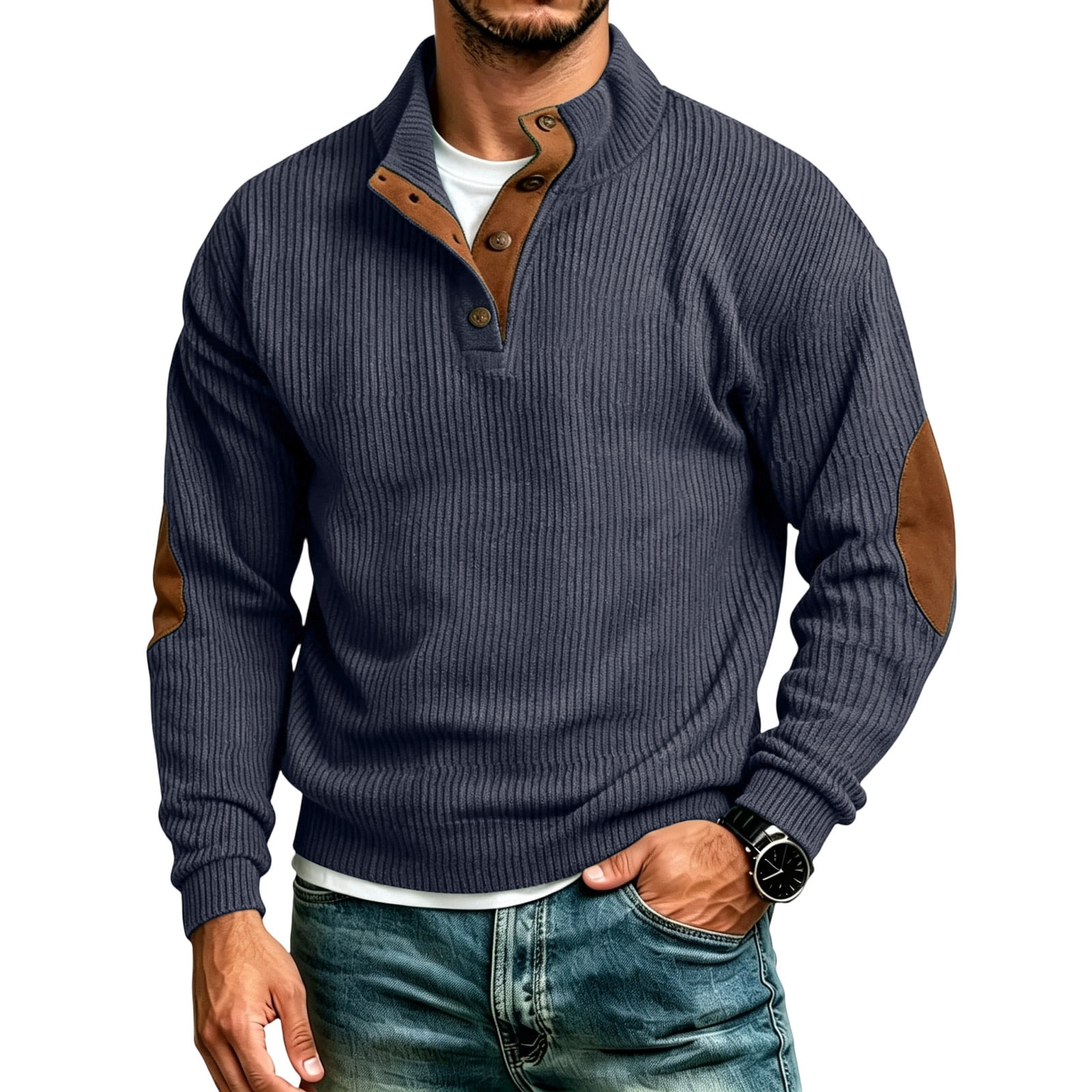 Men's Henley Ribbed Knit Pullover, Stand Collar Long Sleeve Sweater ...