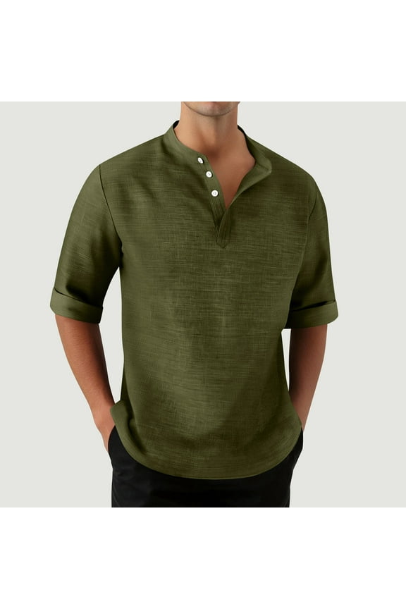 Men's Henley Shirt 3/4 Sleeve Button Down Shirt Casual Crew Neck Beach Top Breathable T-Shirt Vacation Shirt for Daily Wear
